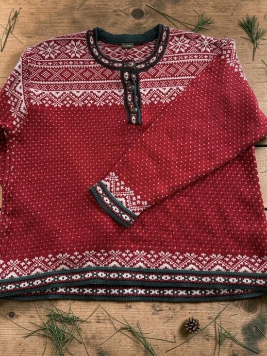 L.L. Bean Sweaters - LL‎ Bean Womens Sweater L XL Red Fair Isle Nordic 1/4 Button Cotton Heavy